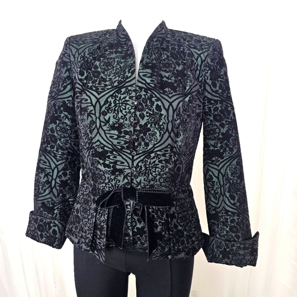 Kay Unger silk and velvet floral jacket green black rhinestone button bow 4 - Picture 1 of 8